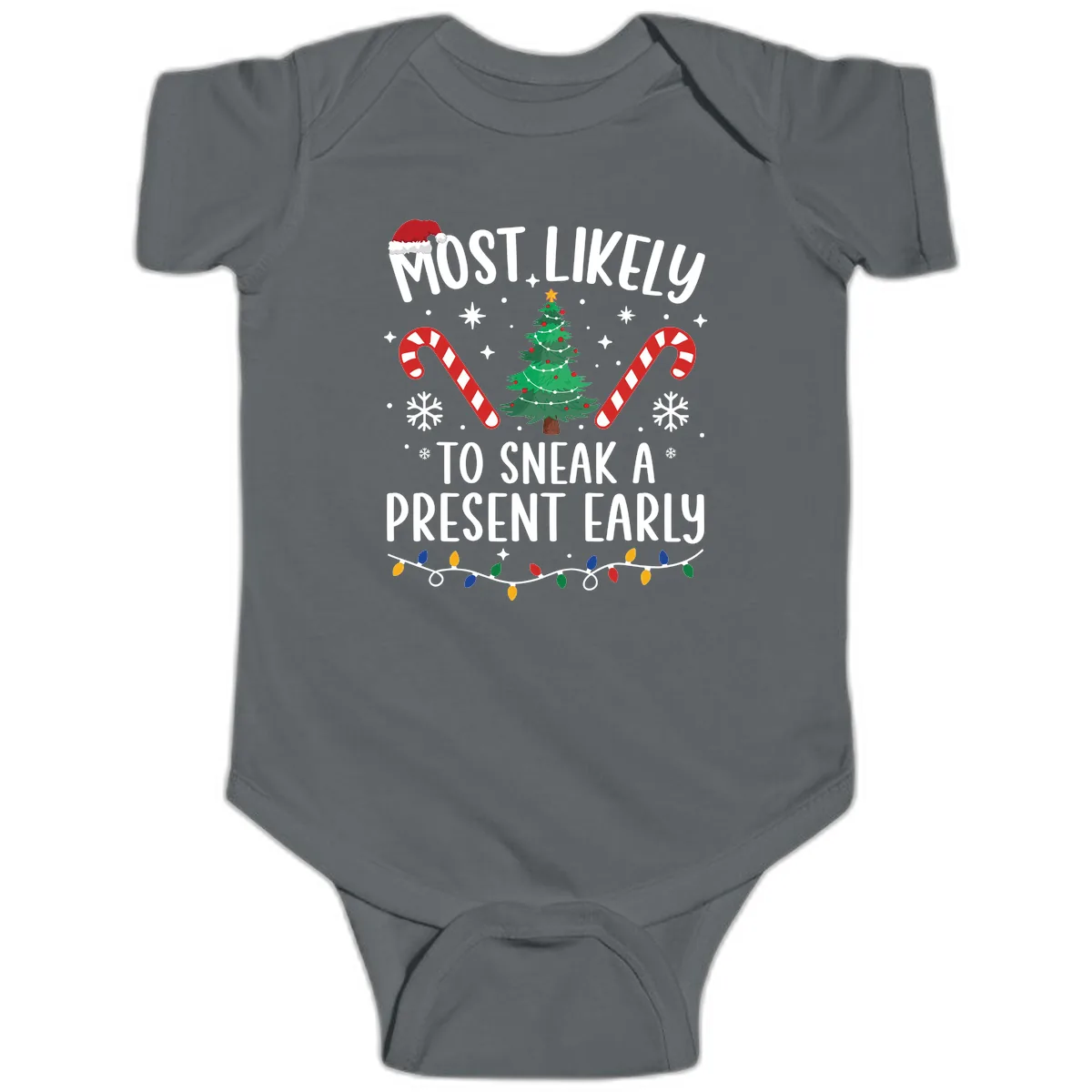 Most Likely To Sneak A Present Early Baby Onesie in Charcoal