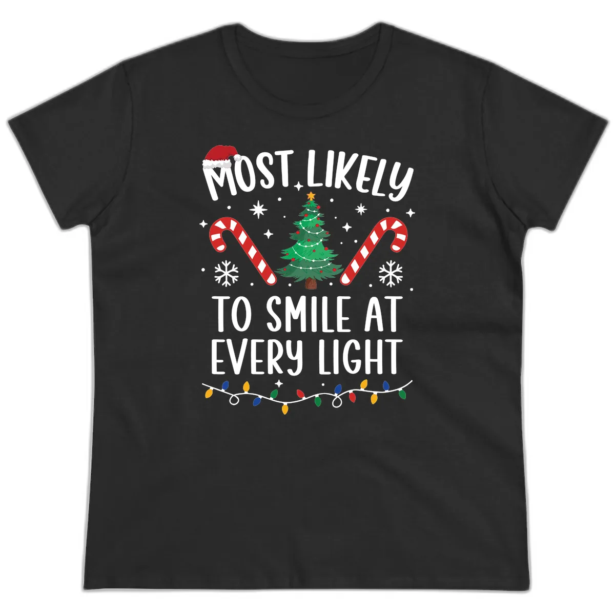 Most Likely To Smile At Every Light Ladies Tee in Black