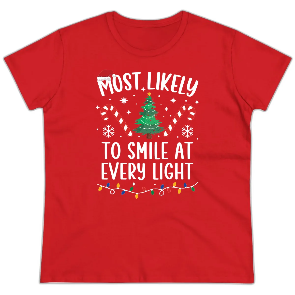 Most Likely To Smile At Every Light Ladies Tee in Red