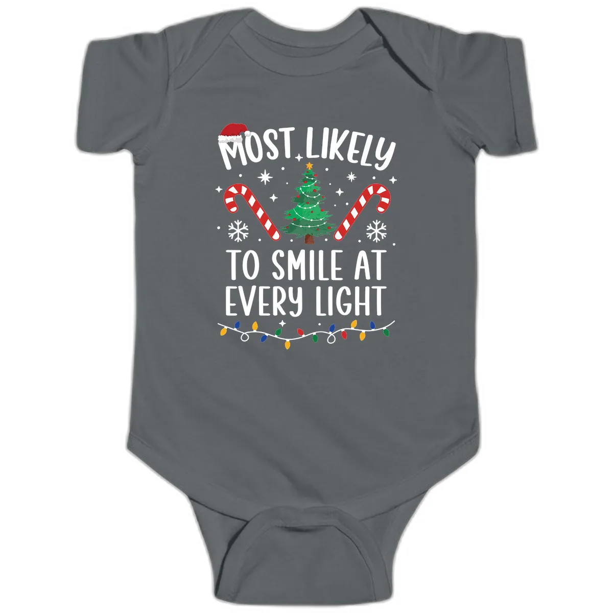 Most Likely To Smile At Every Light Baby Onesie in Charcoal