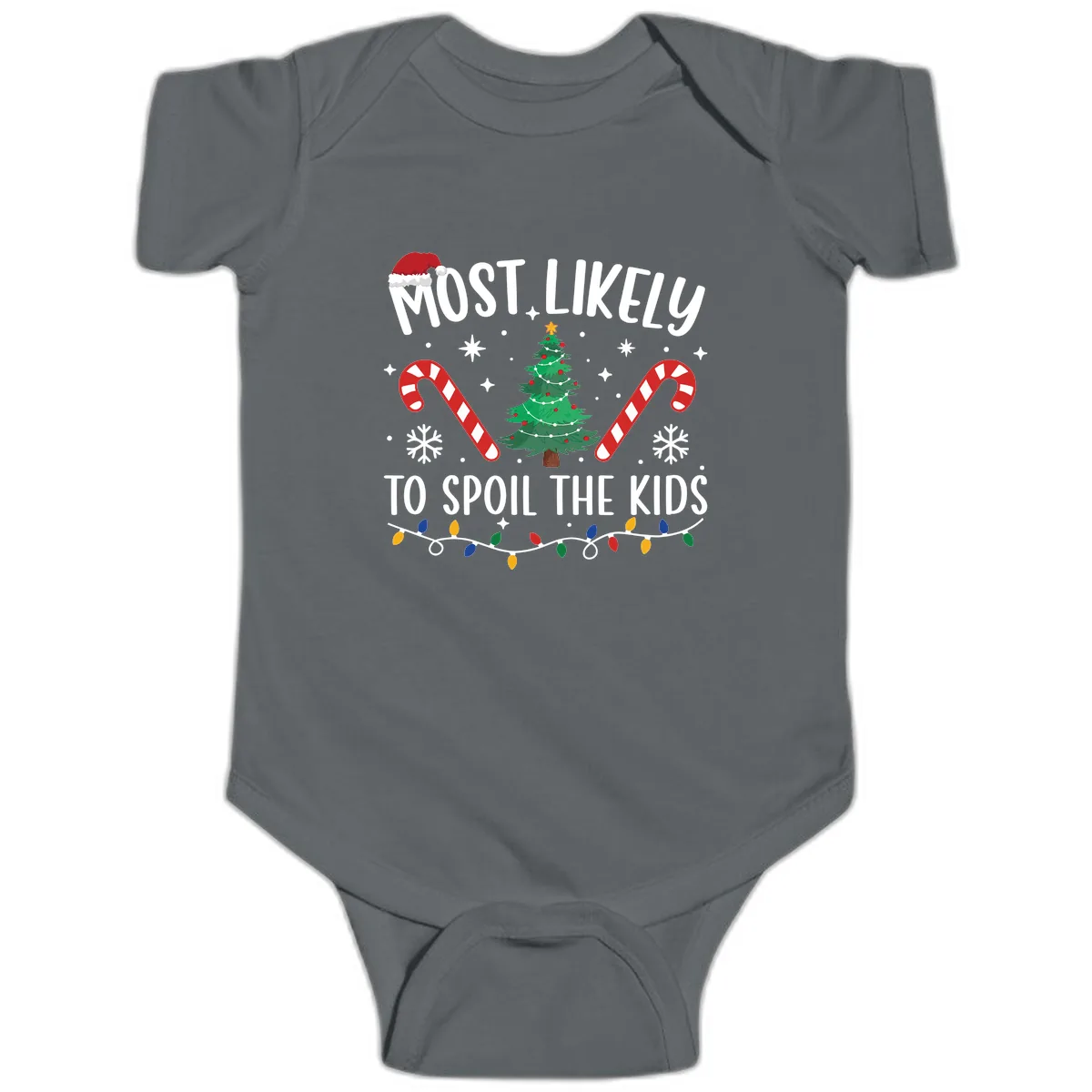 Most Likely To Spoil The Kids Christmas Baby Onesie in Charcoal