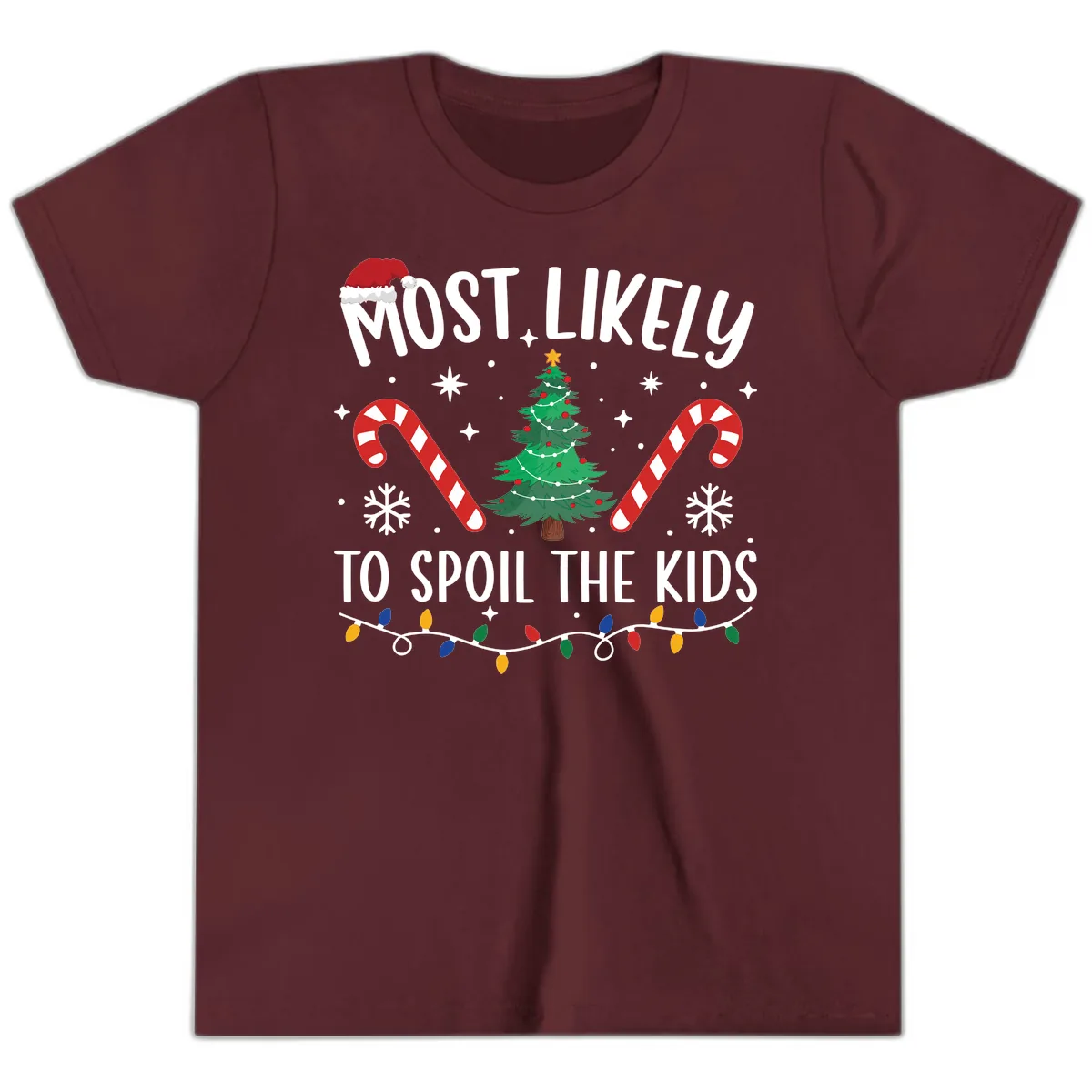 Most Likely To Spoil The Kids Christmas Youth T-Shirt in Maroon