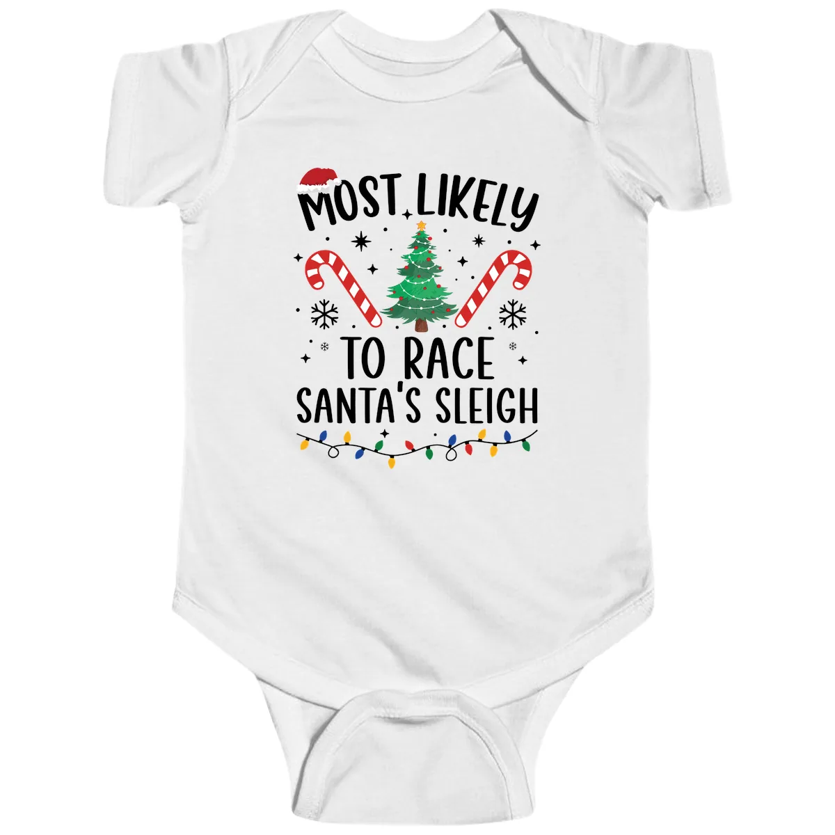Most Likely To Race Santa's Sleigh Baby Onesie in White