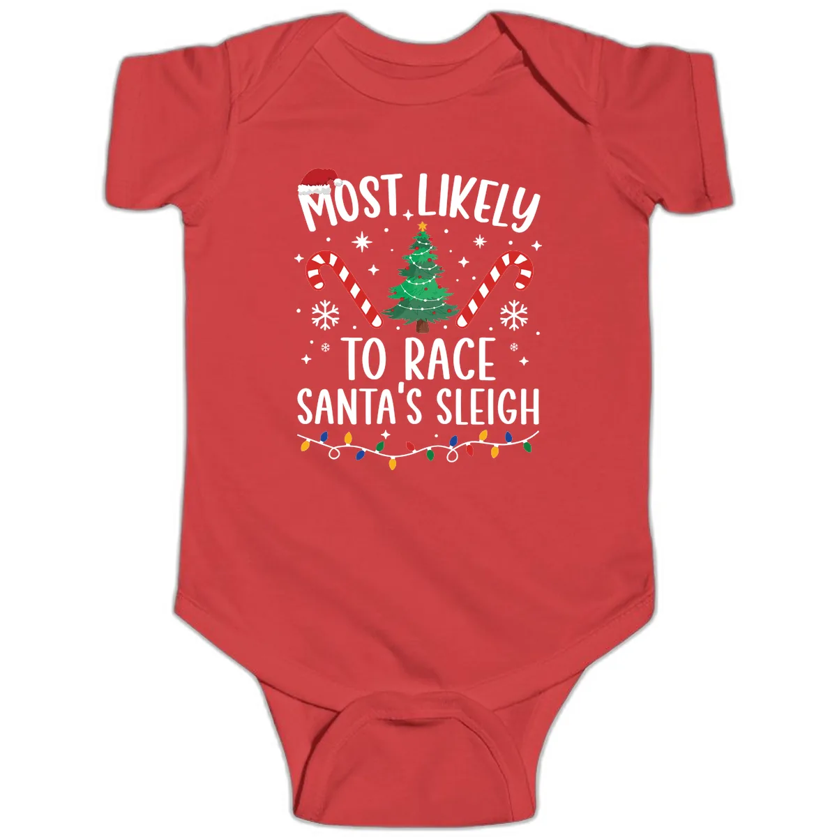 Most Likely To Race Santa's Sleigh Baby Onesie in Red