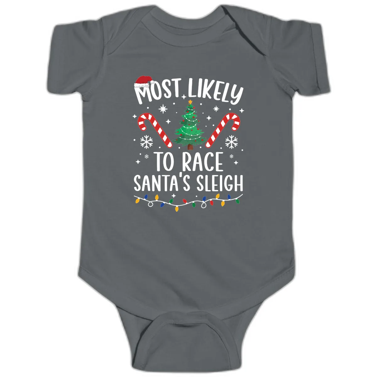 Most Likely To Race Santa's Sleigh Baby Onesie in Charcoal