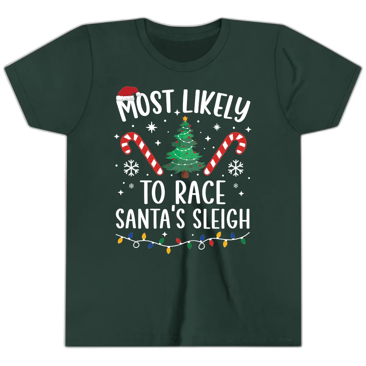 Most Likely To Race Santa's Sleigh Youth T-Shirt in Forest