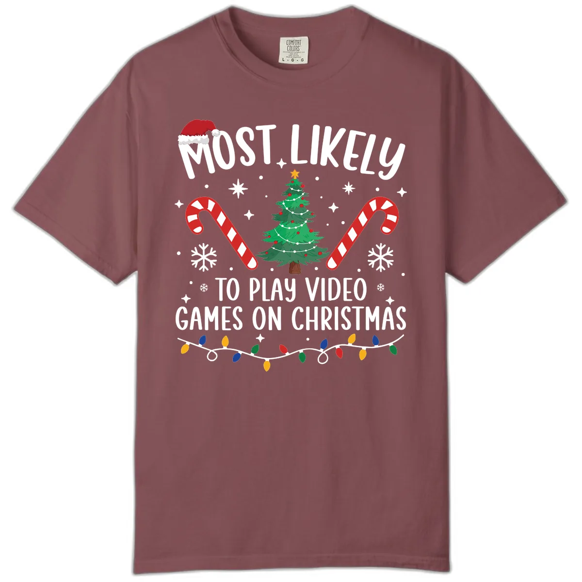 Most Likely To Play Video Games On Christmas Comfort Color in Brick