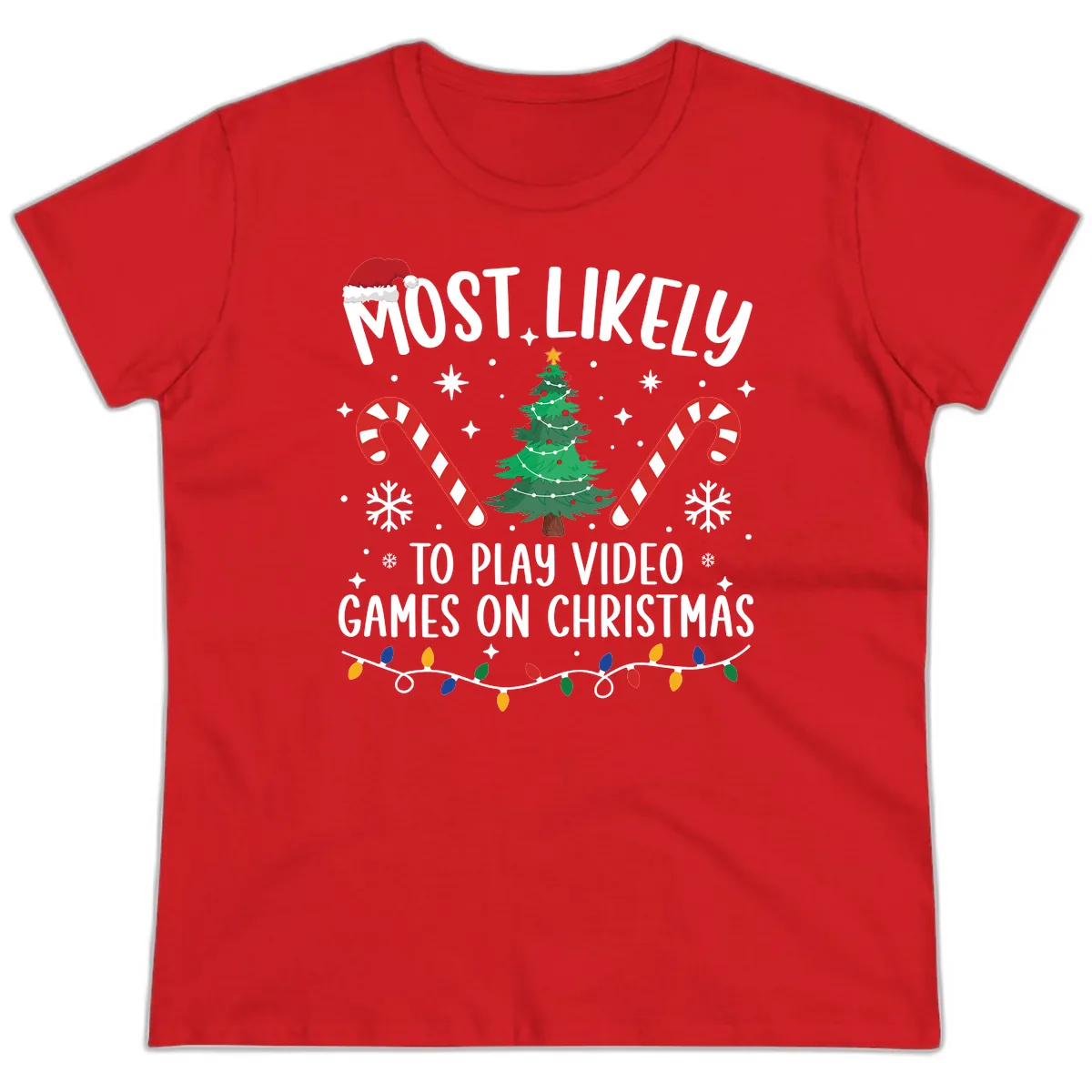 Most Likely To Play Video Games On Christmas Ladies Tee in Red