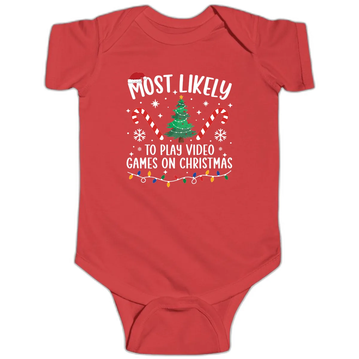 Most Likely To Play Video Games On Christmas Baby Onesie in Red