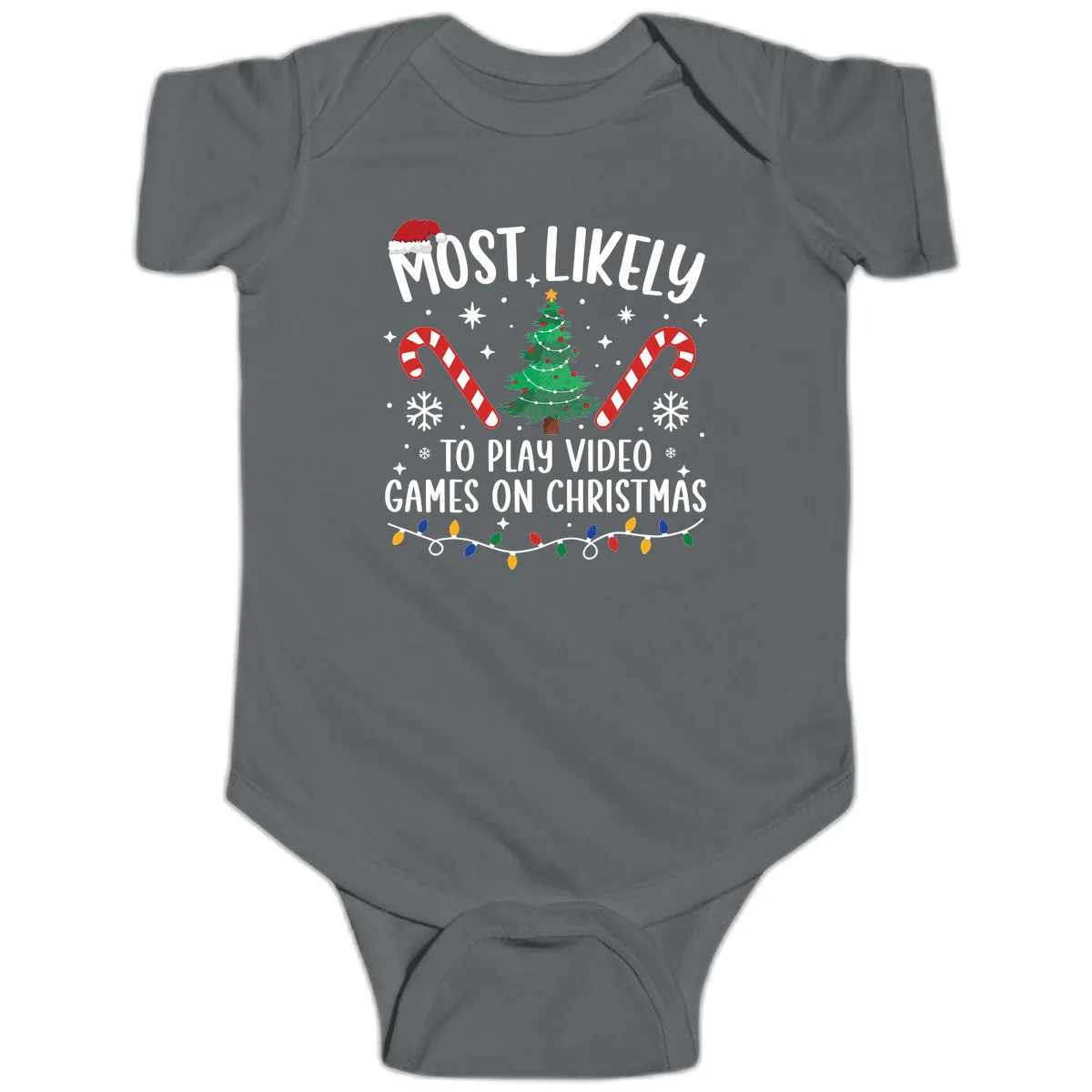Most Likely To Play Video Games On Christmas Baby Onesie in Charcoal