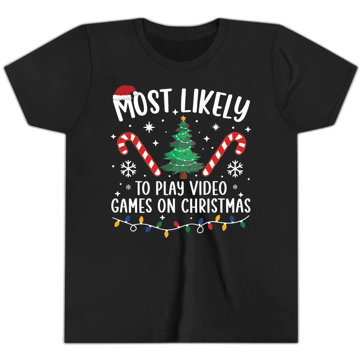 Most Likely To Play Video Games On Christmas Youth T-Shirt in Black