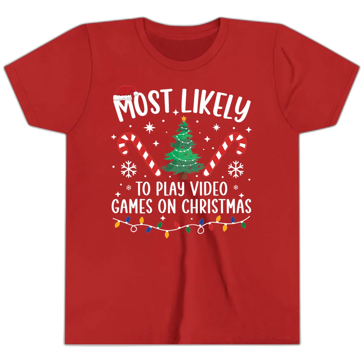 Most Likely To Play Video Games On Christmas Youth T-Shirt in Red
