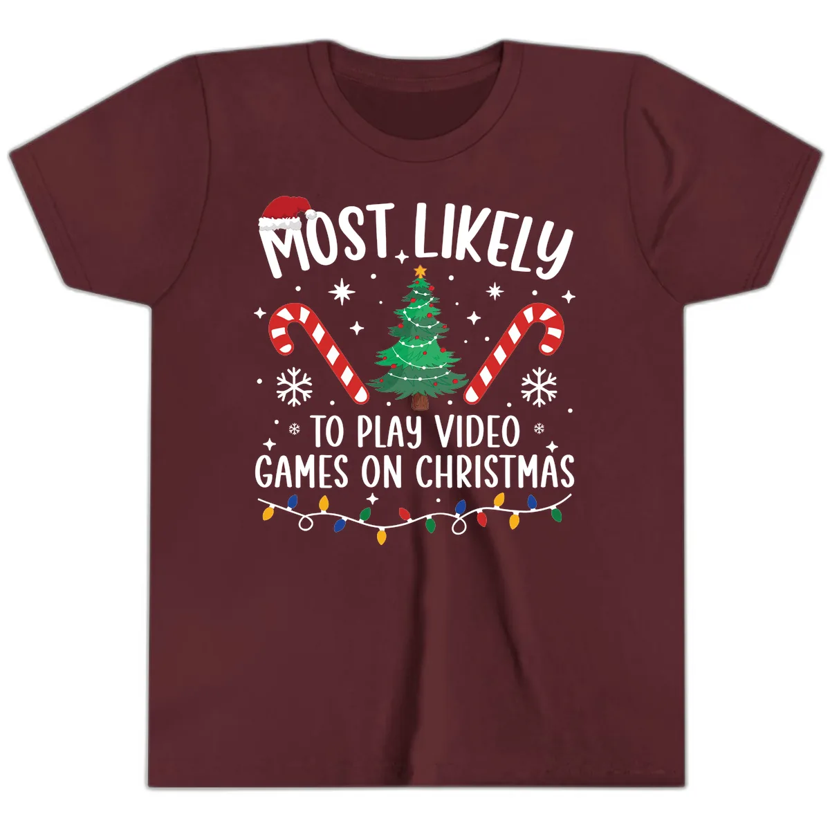 Most Likely To Play Video Games On Christmas Youth T-Shirt in Maroon