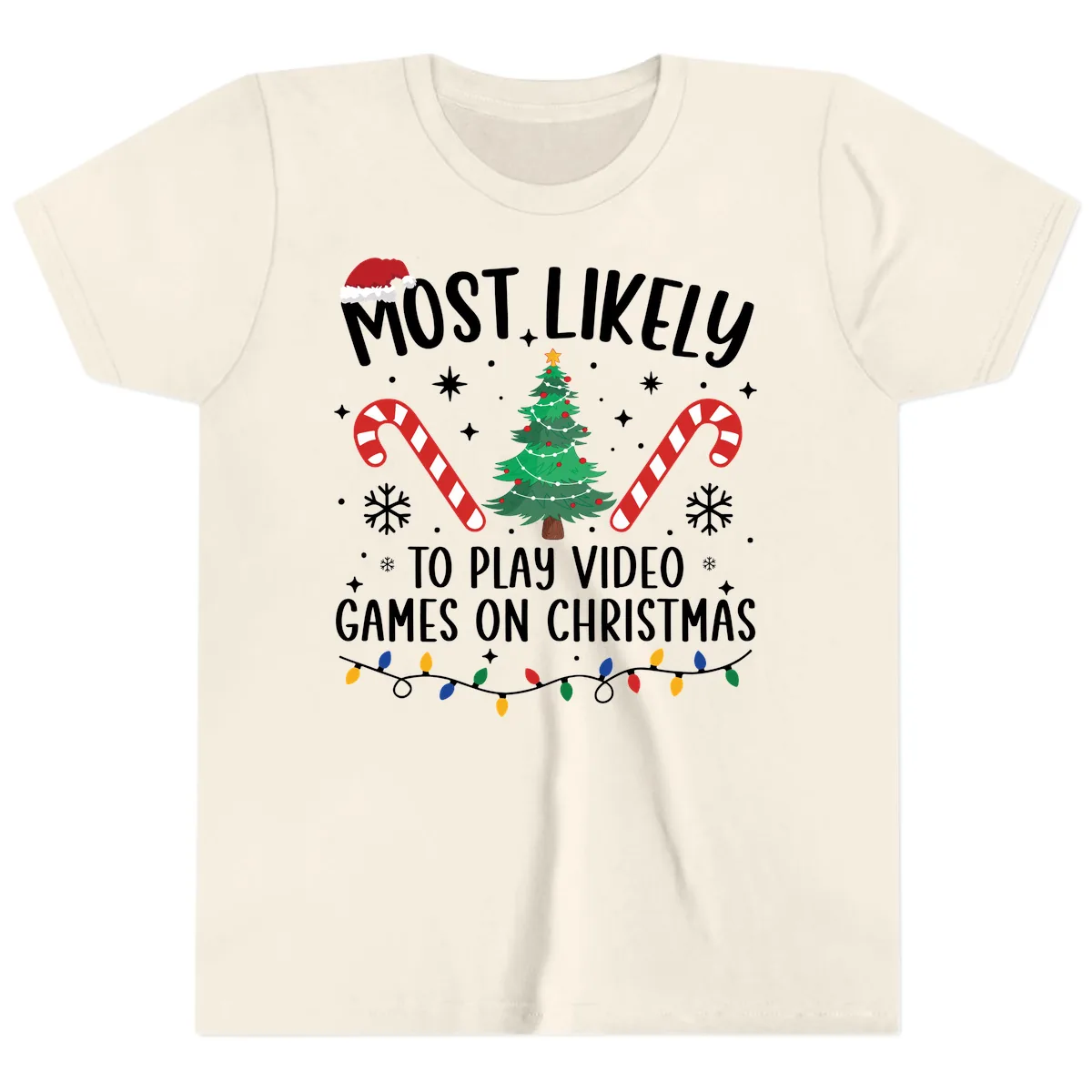 Most Likely To Play Video Games On Christmas Youth T-Shirt in Natural