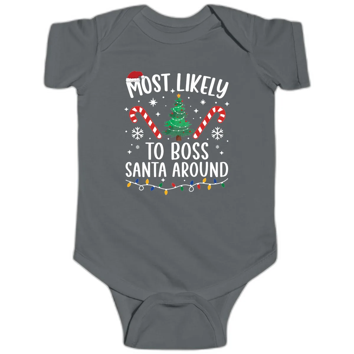 Most Likely To Boss Santa Around Christmas Baby Onesie in Charcoal