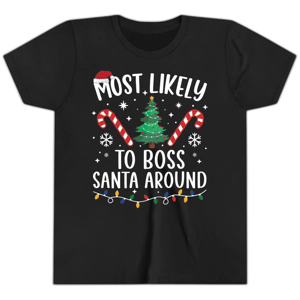 Most Likely To Boss Santa Around Christmas Youth T-Shirt in Black