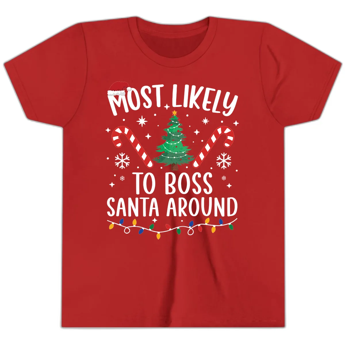 Most Likely To Boss Santa Around Christmas Youth T-Shirt in Red