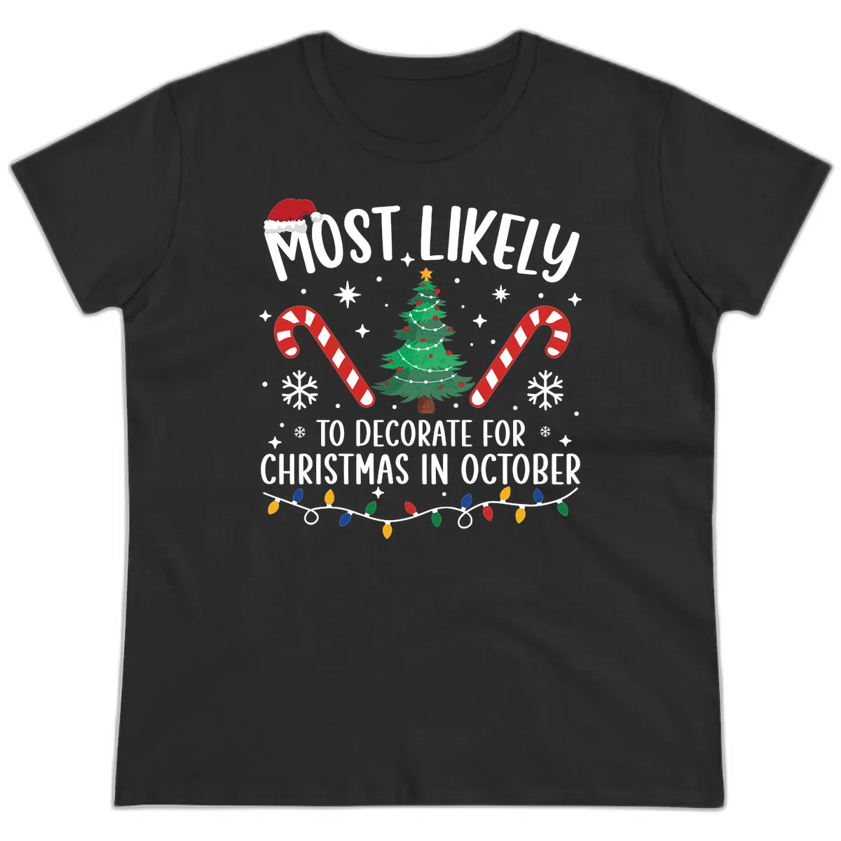 Most Likely To Decorate For Christmas In October Ladies Tee in Black