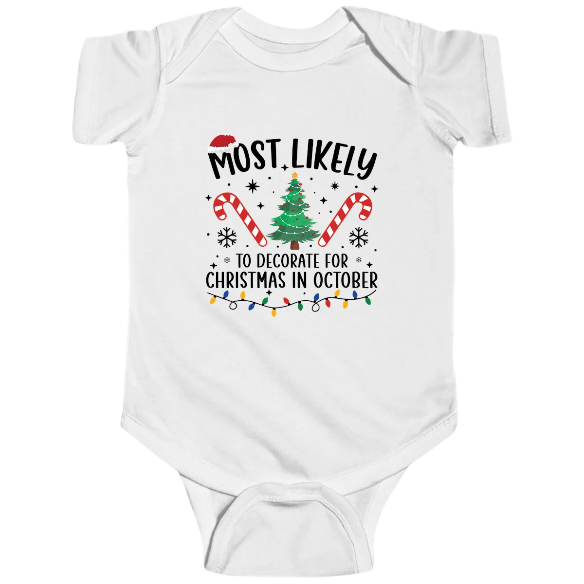 Most Likely To Decorate For Christmas In October Baby Onesie in White