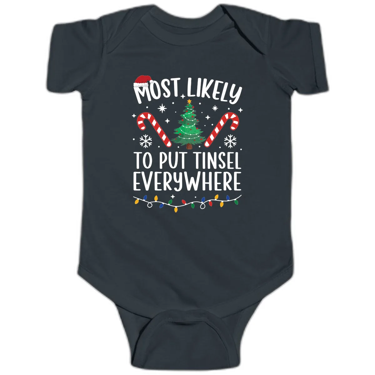 Most Likely To Put Tinsel Everywhere Baby Onesie in Black