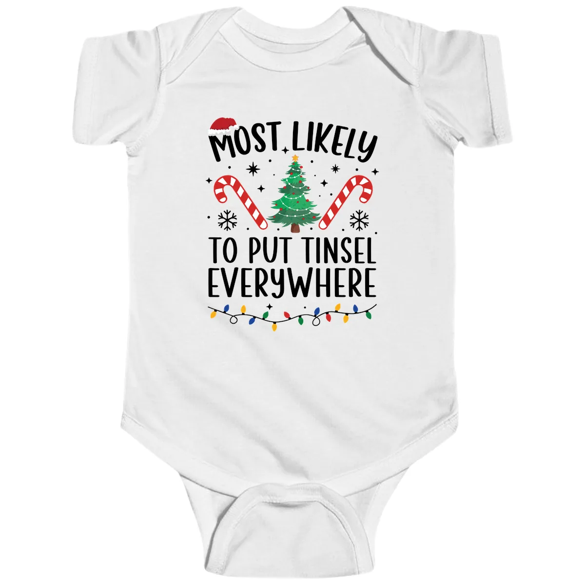 Most Likely To Put Tinsel Everywhere Baby Onesie in White