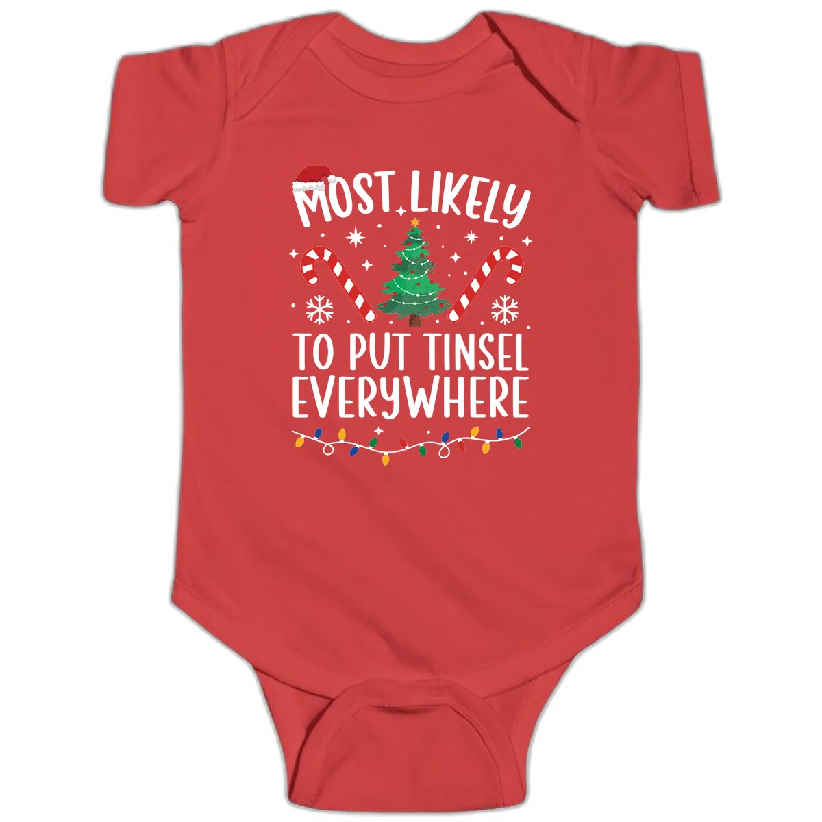 Most Likely To Put Tinsel Everywhere Baby Onesie in Red