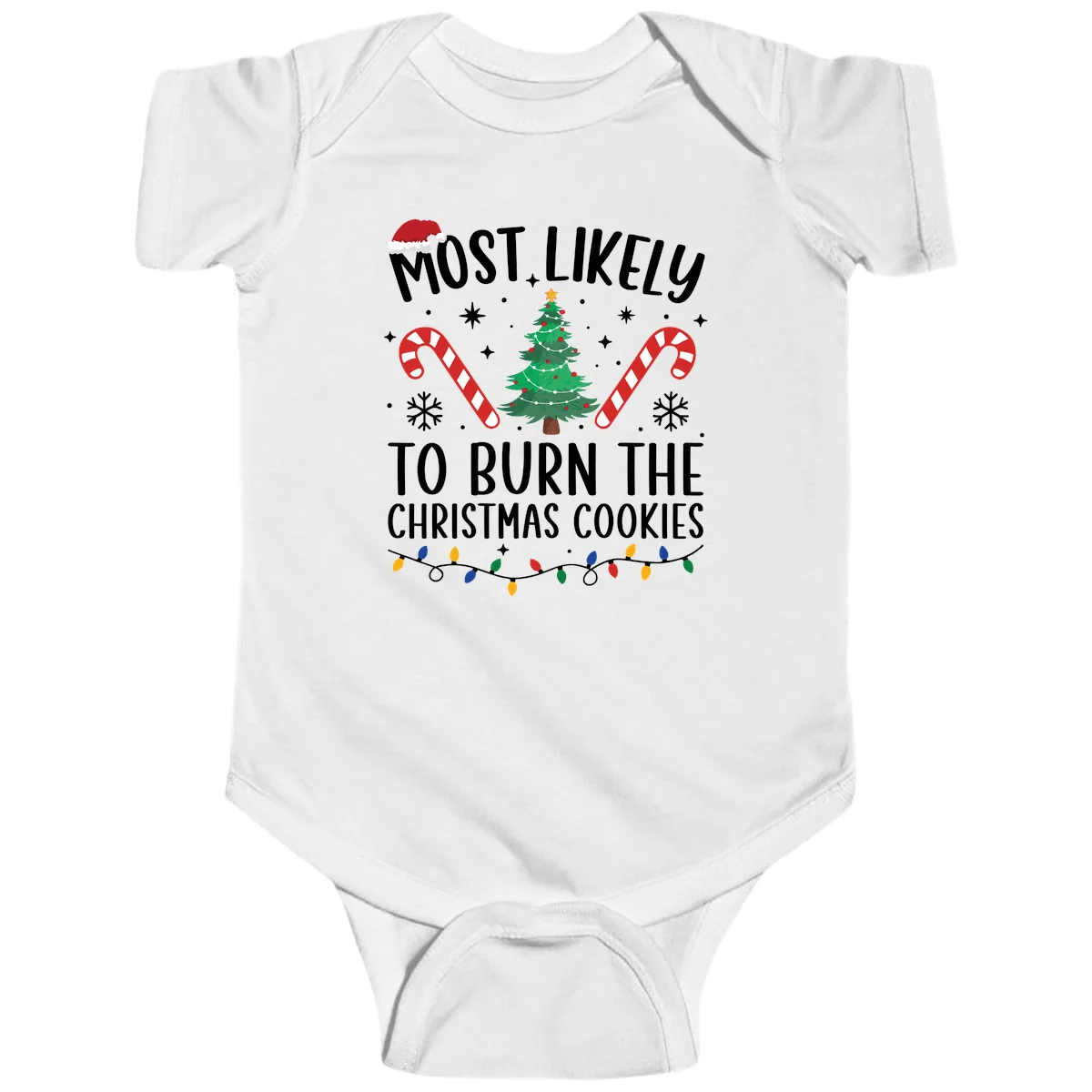 Most Likely To Burn Christmas Cookies Baby Onesie in White