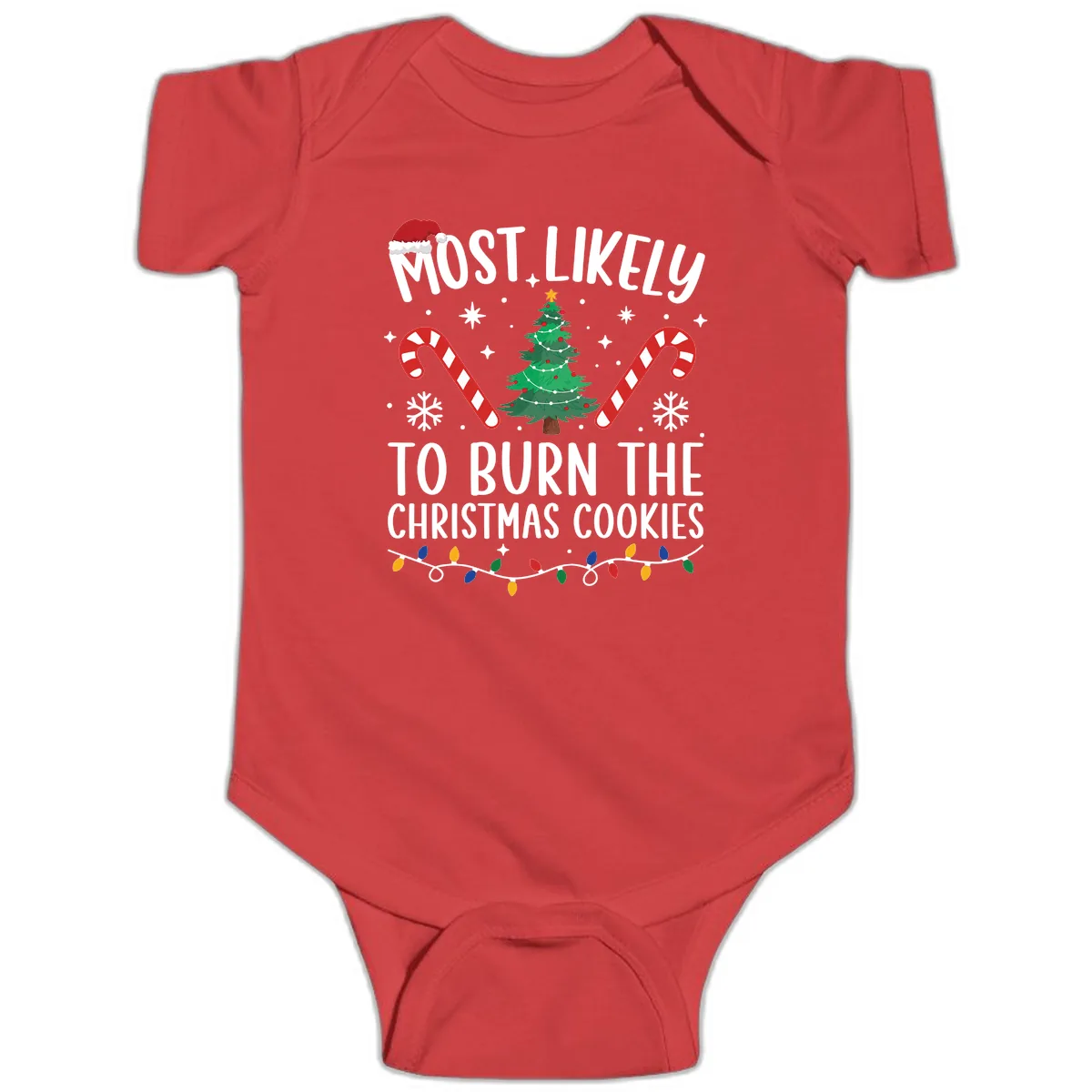 Most Likely To Burn Christmas Cookies Baby Onesie in Red