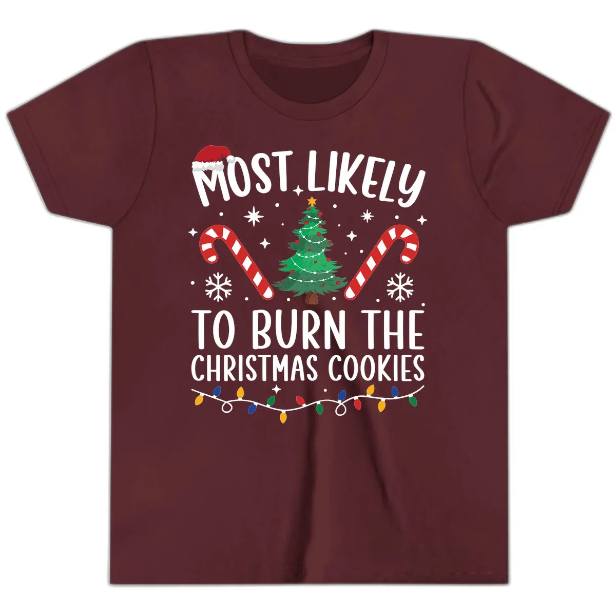 Most Likely To Burn Christmas Cookies Youth T-Shirt in Maroon
