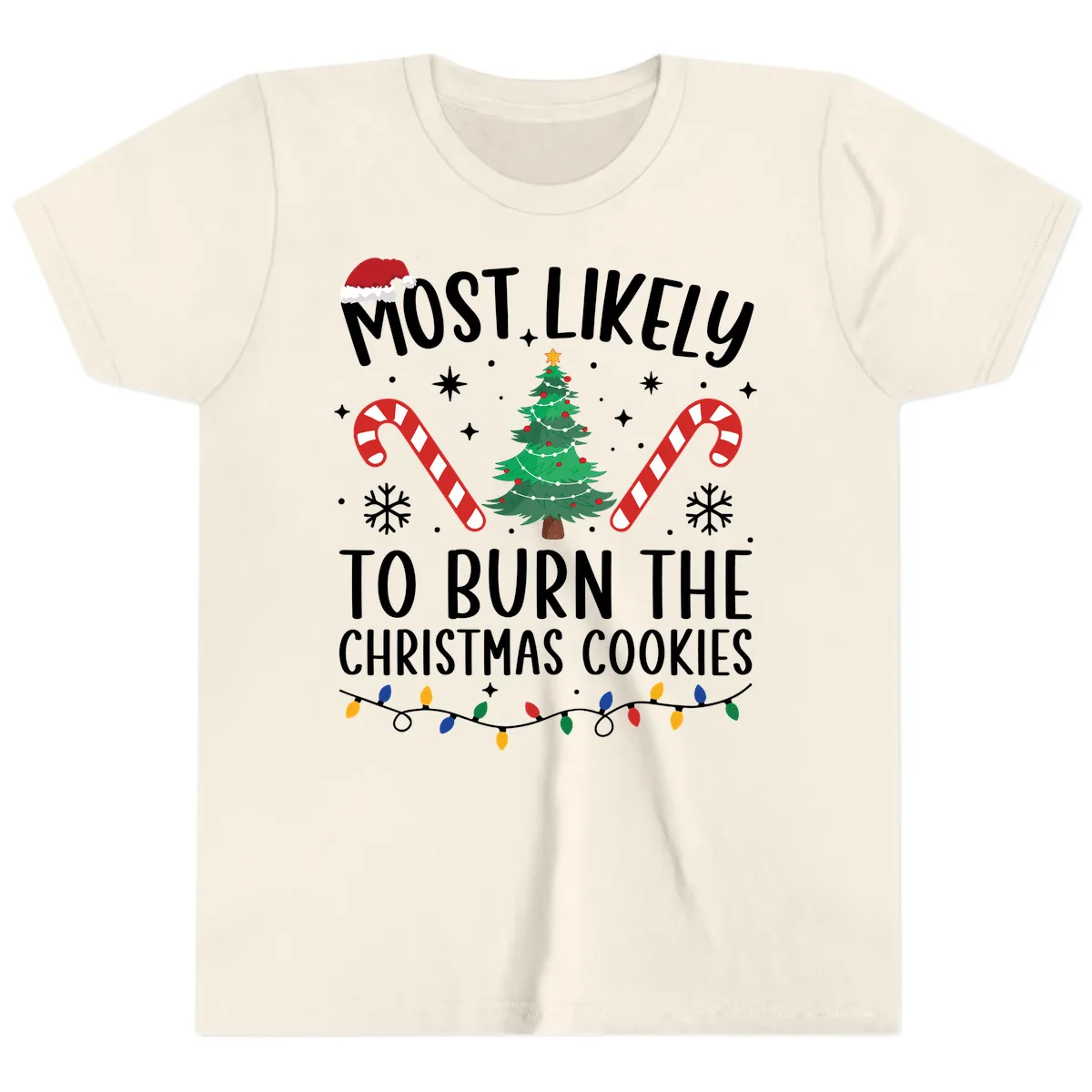 Most Likely To Burn Christmas Cookies Youth T-Shirt in Natural
