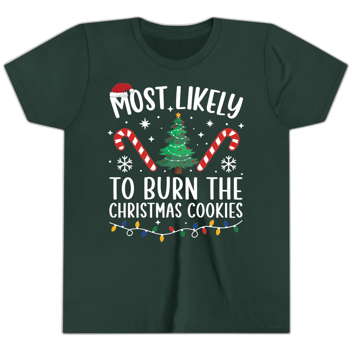 Most Likely To Burn Christmas Cookies Youth T-Shirt in Forest
