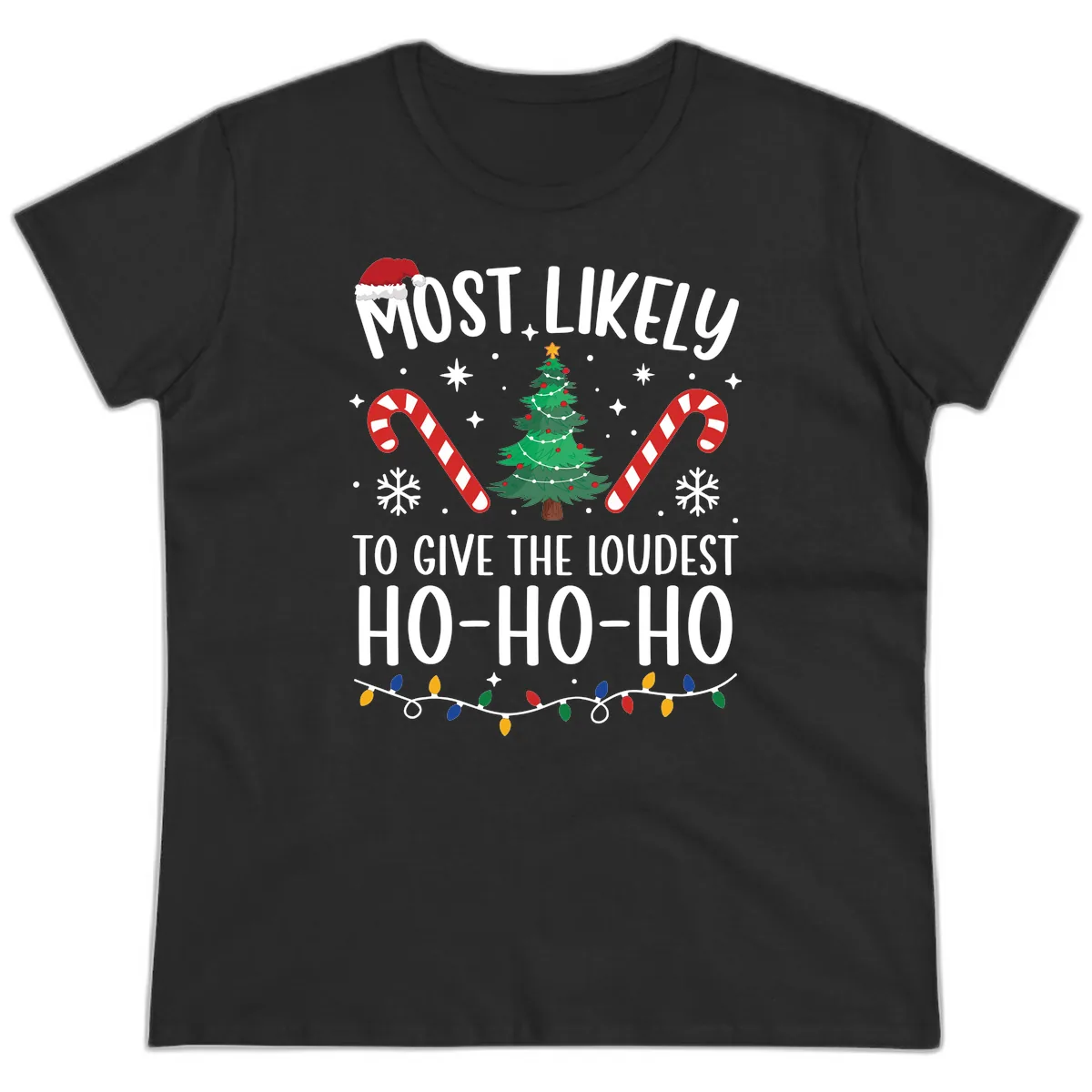 Most Likely To Give Loudest Ho-Ho-Ho Ladies Tee in Black