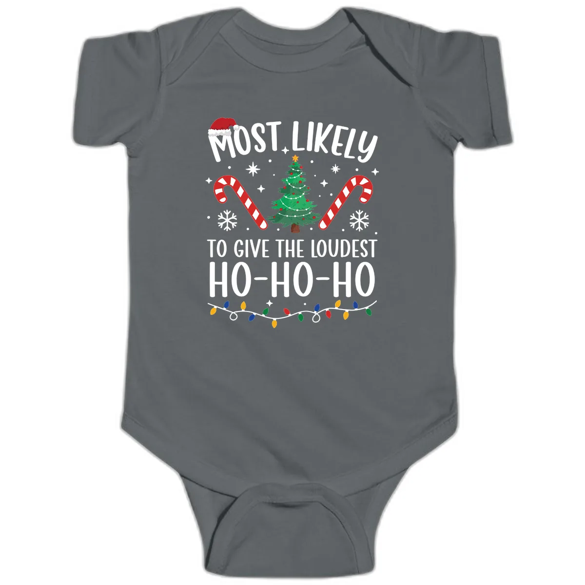Most Likely To Give Loudest Ho-Ho-Ho Baby Onesie in Charcoal