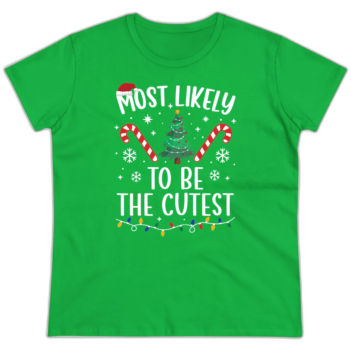 Most Likely To Be The Cutest Christmas Tree Ladies Tee in Irish Green