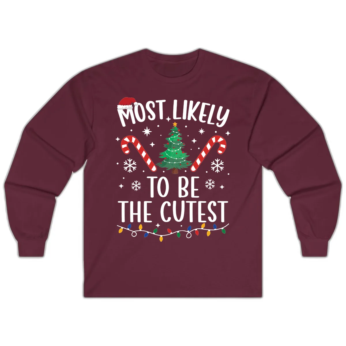 Most Likely To Be The Cutest Christmas Tree Long Sleeve in Maroon