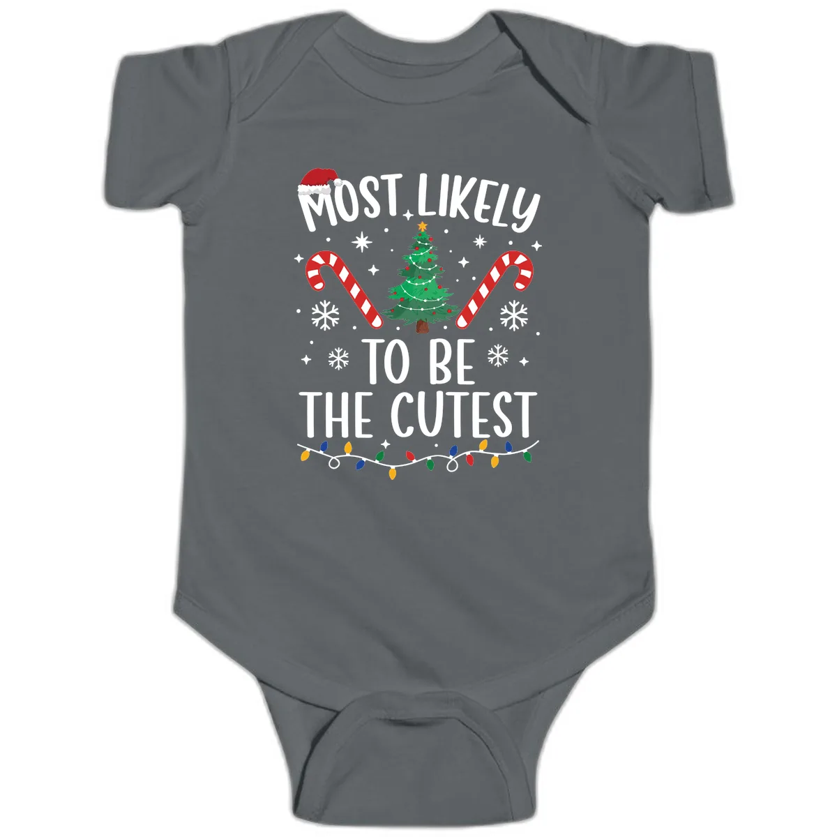 Most Likely To Be The Cutest Christmas Tree Baby Onesie in Charcoal