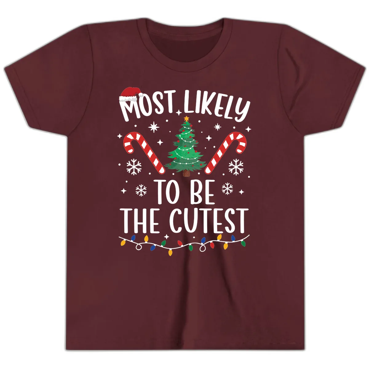 Most Likely To Be The Cutest Christmas Tree Youth T-Shirt in Maroon