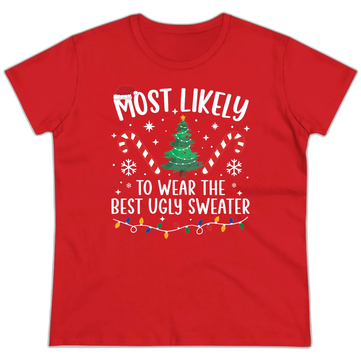 Most Likely To Wear The Best Ugly Sweater Ladies Tee in Red
