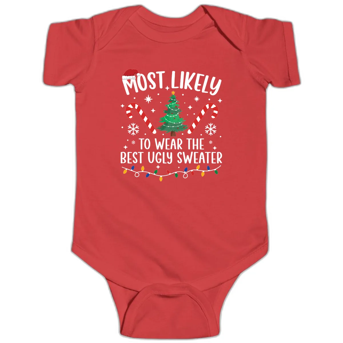 Most Likely To Wear The Best Ugly Sweater Baby Onesie in Red