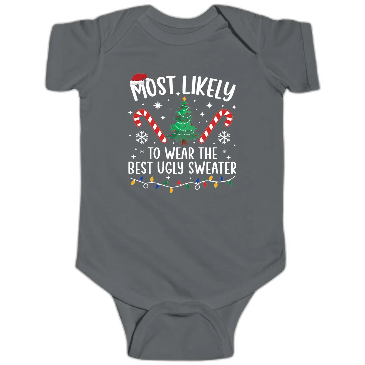 Most Likely To Wear The Best Ugly Sweater Baby Onesie in Charcoal
