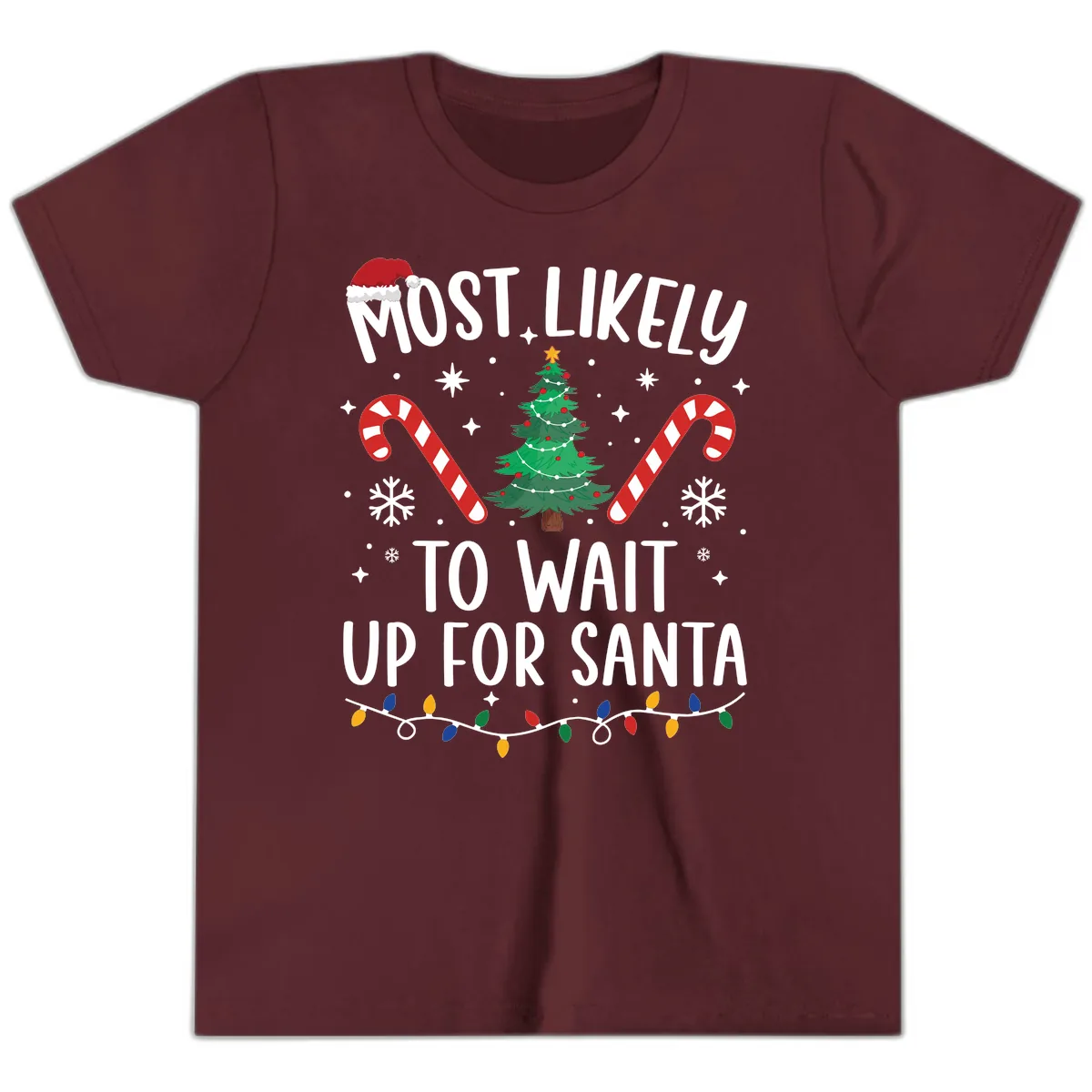 Most Likely To Wait Up For Santa Youth T-Shirt in Maroon