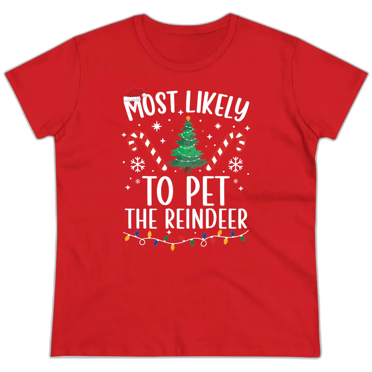 Most Likely To Pet The Reindeer Ladies Tee in Red