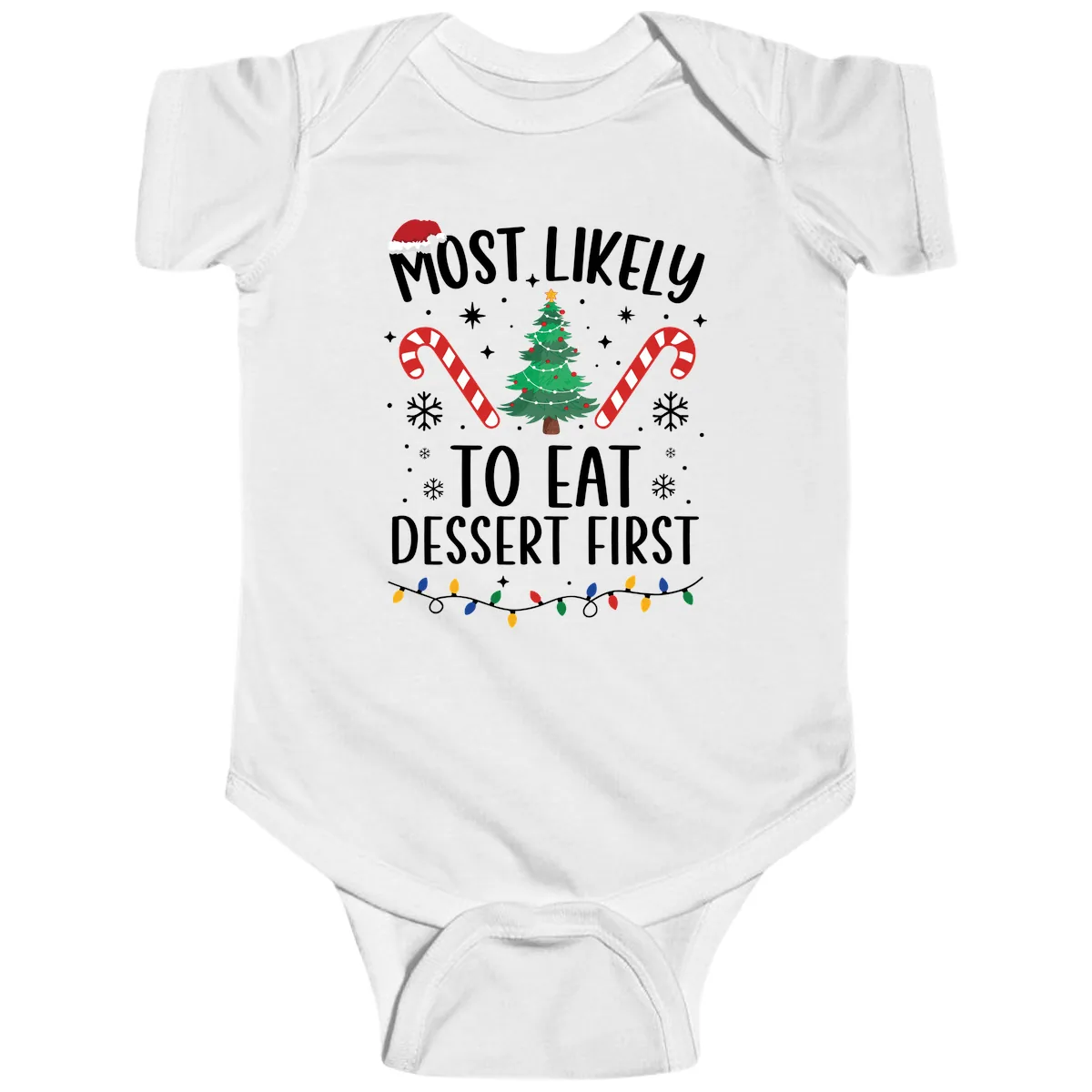 Most Likely To Eat Dessert First Christmas Baby Onesie in White