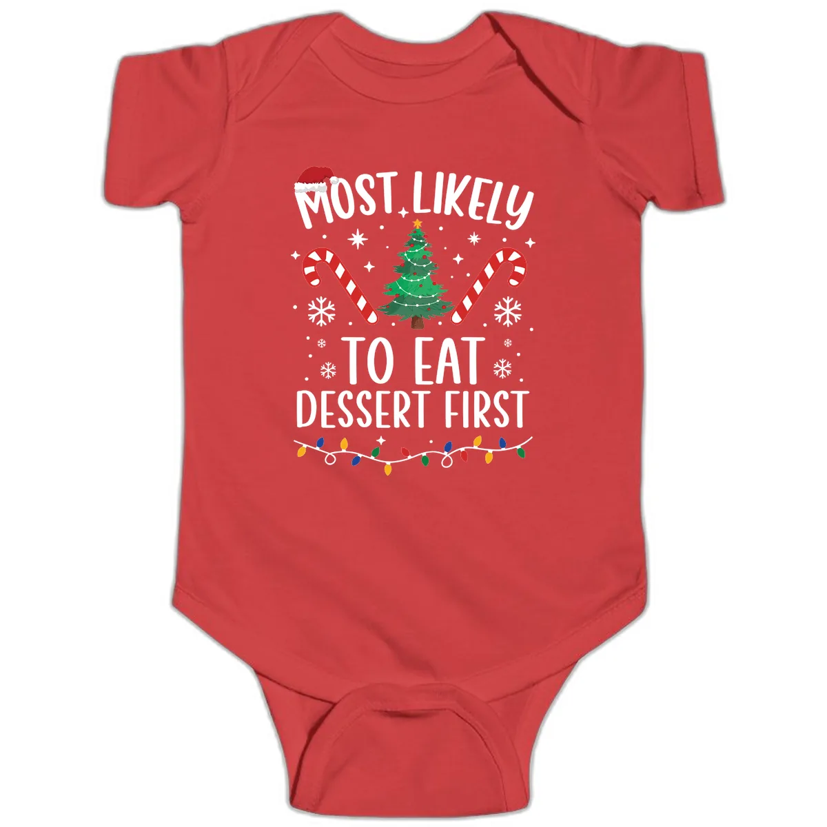 Most Likely To Eat Dessert First Christmas Baby Onesie in Red
