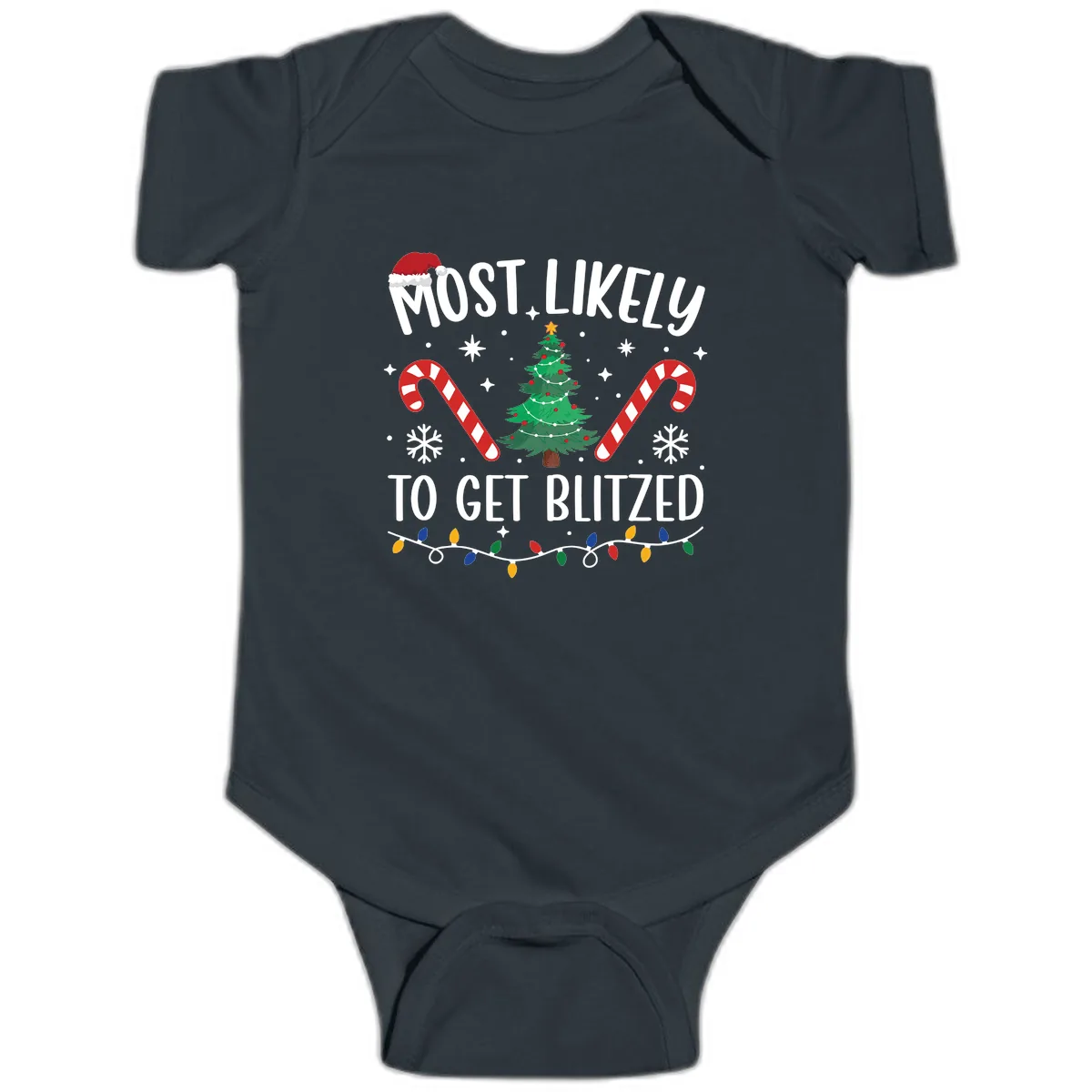 Most Likely To Get Blitzed Christmas Matching Baby Onesie in Black