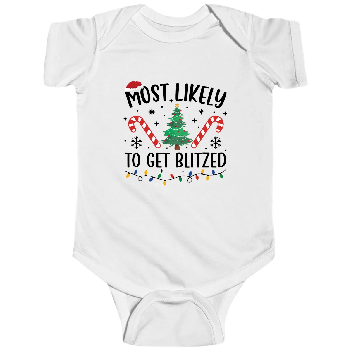 Most Likely To Get Blitzed Christmas Matching Baby Onesie in White