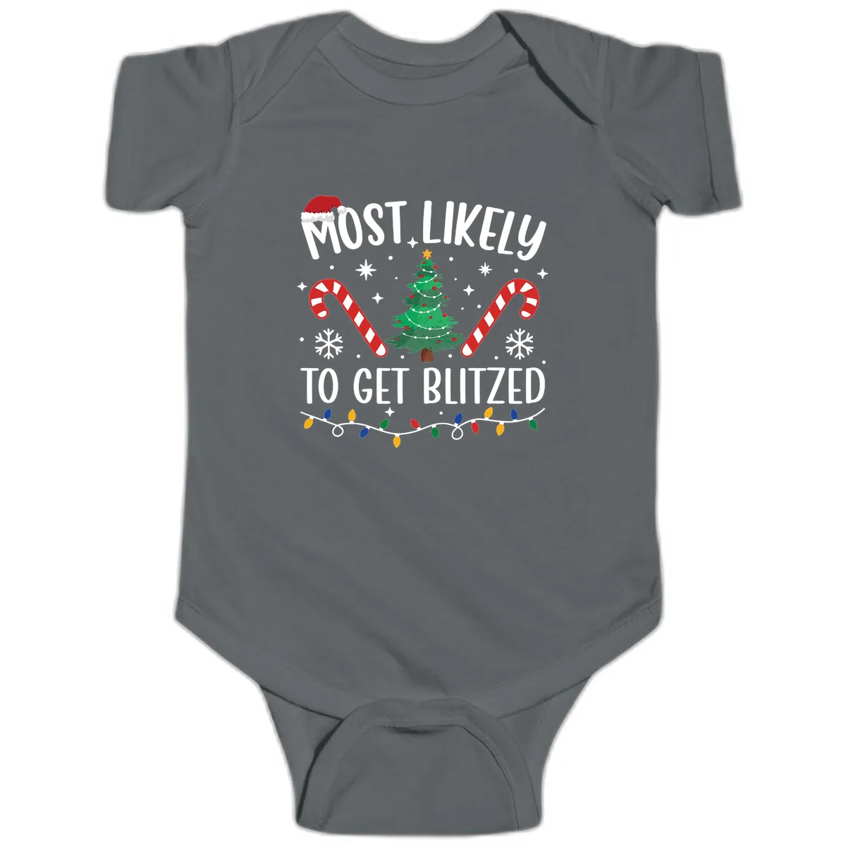 Most Likely To Get Blitzed Christmas Matching Baby Onesie in Charcoal