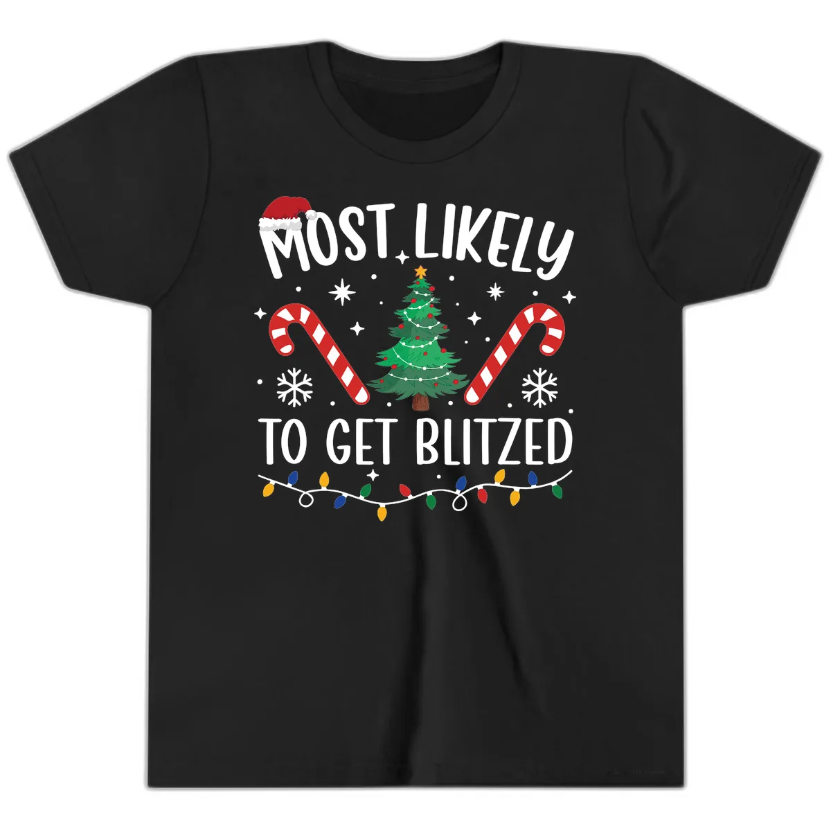 Most Likely To Get Blitzed Christmas Matching Youth T-Shirt in Black
