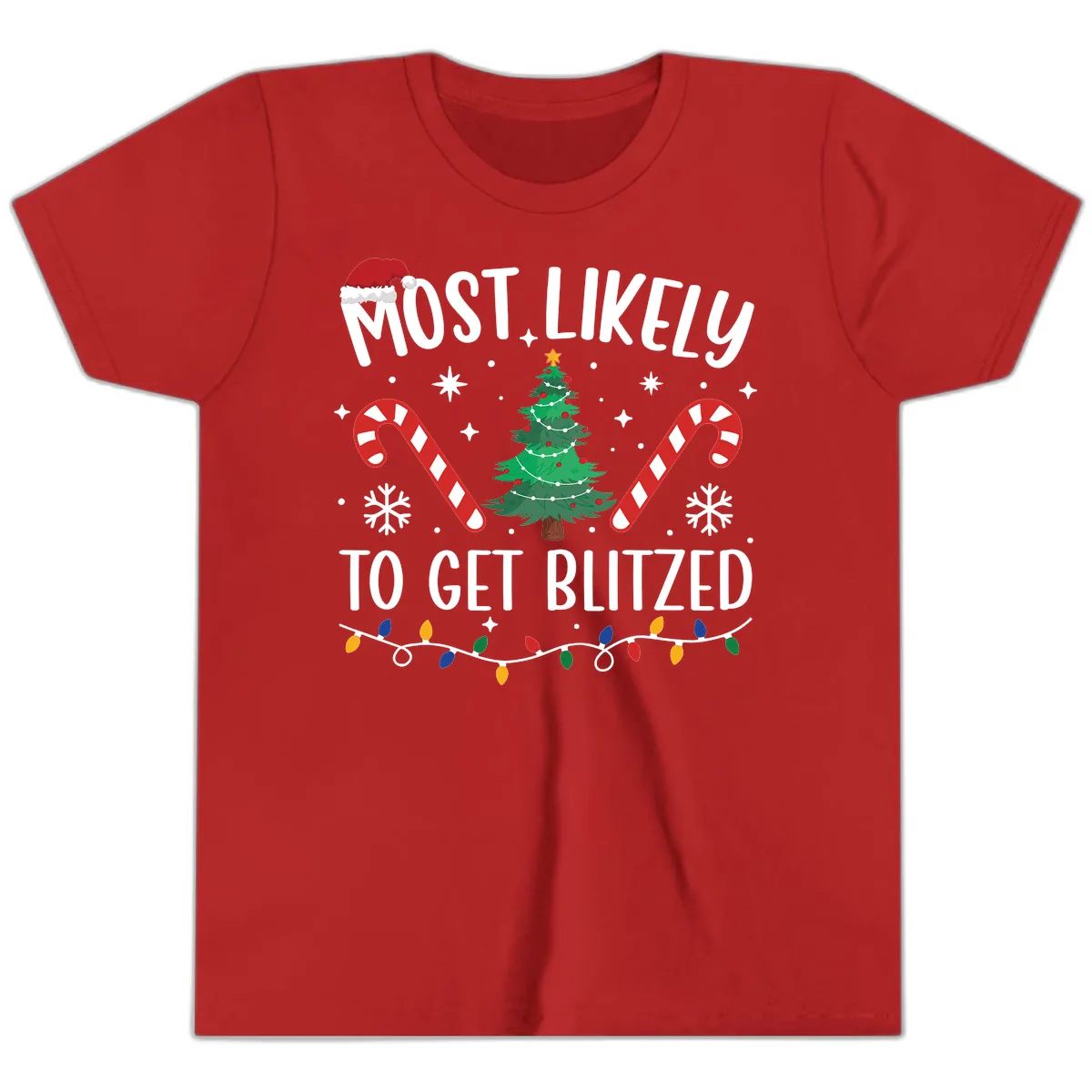 Most Likely To Get Blitzed Christmas Matching Youth T-Shirt in Red