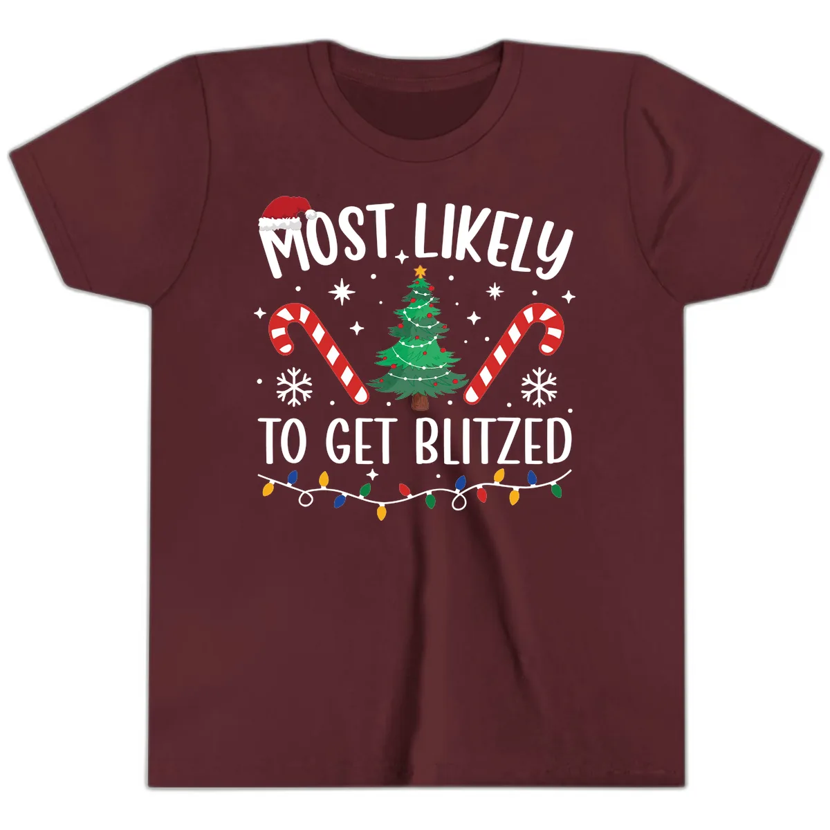 Most Likely To Get Blitzed Christmas Matching Youth T-Shirt in Maroon